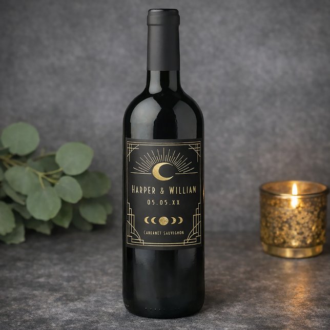 Rótulo De Garrafa De Cerveja Celestial Art Deco black and gold (Elegant Celestial art deco personalized wine label in black and faux gold.)