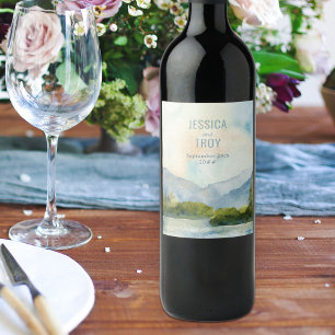 Rótulo De Garrafa De Cerveja Cena de Aquarela de Casamento no Lago da Montanha
