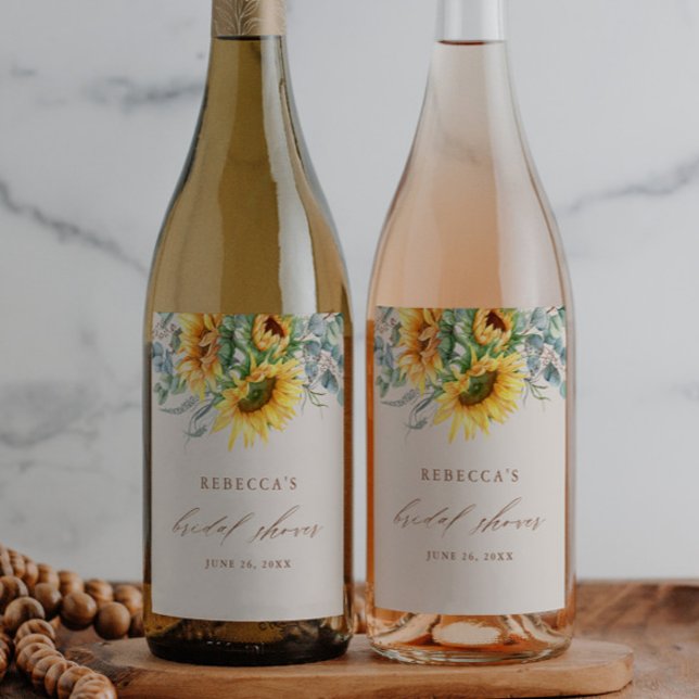 Rótulo De Garrafa De Cerveja Chá de Bebê de Girassol Elegante  (Rustic sunflower eucalyptus wedding bridal shower wine labels.)