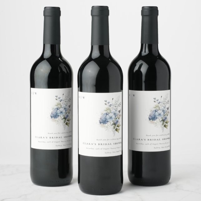 Rótulo De Garrafa De Cerveja Chá de Bebê Floral Cottage em Aquarela Azul Desbot (Garrafas)