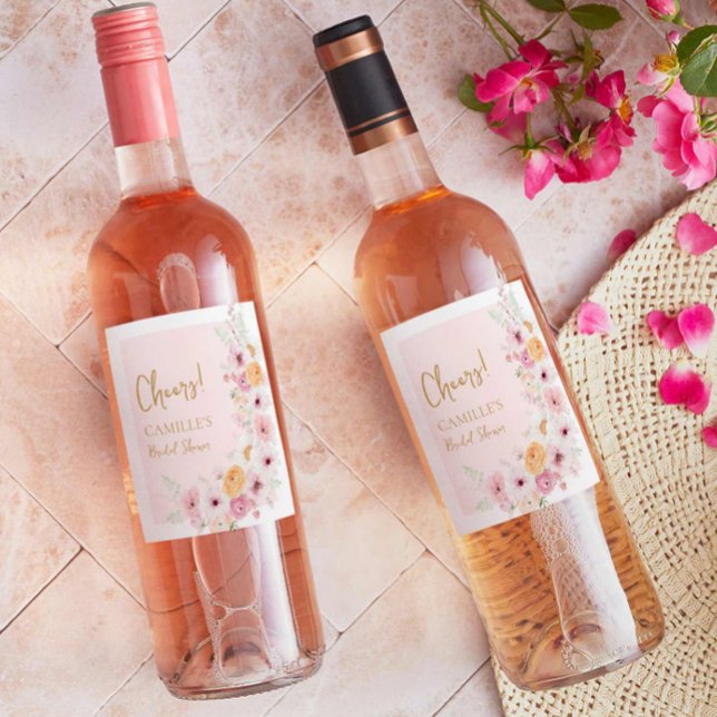 Rótulo De Garrafa De Cerveja Chá de Bebê Floral Rosa Cheers (Pink Floral Bridal Shower Wine Labels)