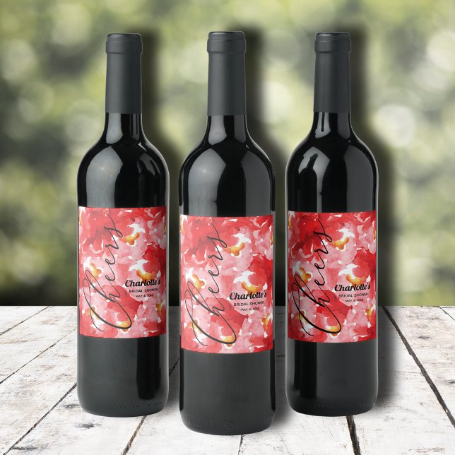 Rótulo De Garrafa De Cerveja Chá de Noiva com Rosas Vermelhas em Aquarela (Watercolor red roses floral bridal shower wine bottle personalized labels)