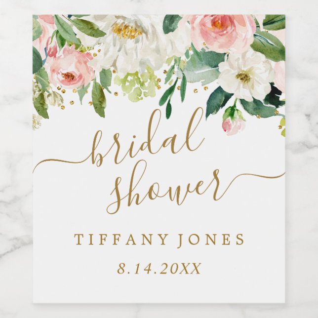 Rótulo De Garrafa De Cerveja Chá de Noiva Floral Blush Rosa Dourado Confete (Rótulo Único)