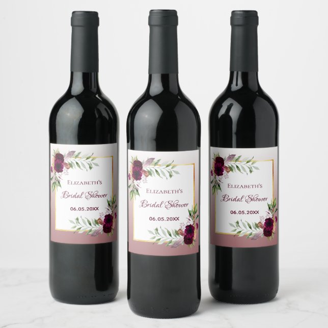 Rótulo De Garrafa De Cerveja Chá de panela burgundy floral canela rosa boho (Garrafas)