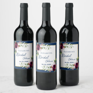 Rótulo De Garrafa De Cerveja Chá de panela marinho azul floral nome burgundy