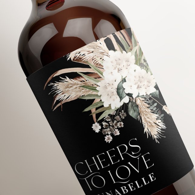 Rótulo De Garrafa De Cerveja Chá de panela pampas boho preto elegante (Criador carregado)