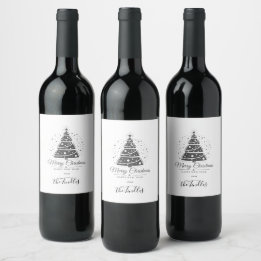 Rótulo De Garrafa De Cerveja Chic Elegant Black White Script Christmas Tree