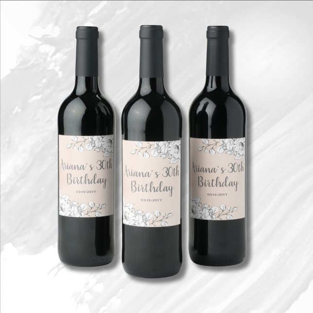 Rótulo De Garrafa De Cerveja Chic Elegante Rosa Choque Branco Floral Aniversári (Criador carregado)