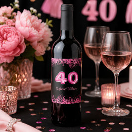 Rótulo De Garrafa De Cerveja Chic Preto Rosa Brilho Falso Aniversário de 40 ano