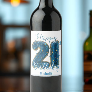 Rótulo De Garrafa De Cerveja Chic Sapphire Blue e Dourado aniversário de 21 ano