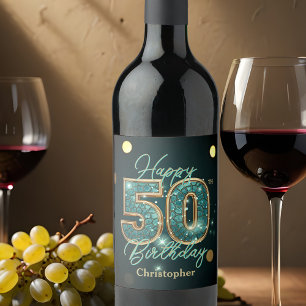 Rótulo De Garrafa De Cerveja Chic Teal Elegante e Metálico Dourado 50º aniversá