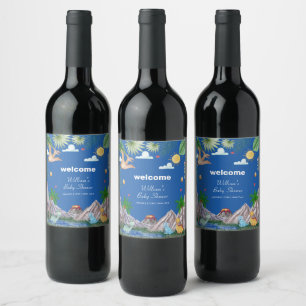 Rótulo De Garrafa De Cerveja Chuva de Bebê Dinossauro Montanha Vulcão Azul Rawr