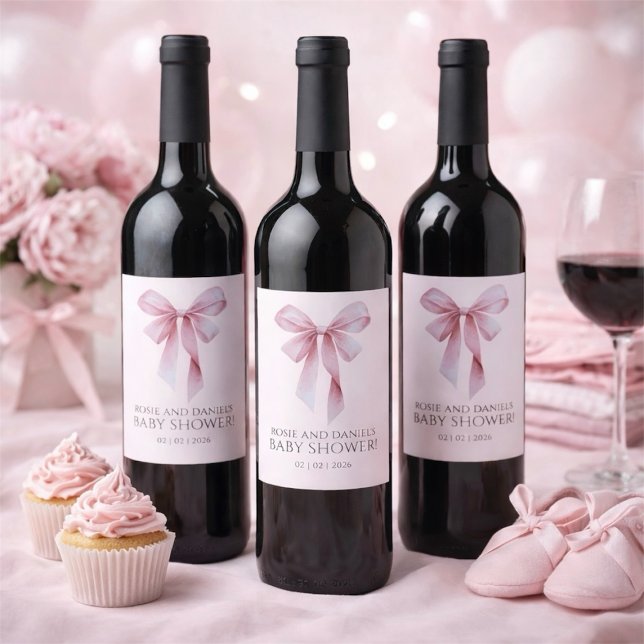 Rótulo De Garrafa De Cerveja Chuva de Bebê Menina com Laço Rosa Suave (Soft Pink Bow Girl Baby Shower Wine Label)