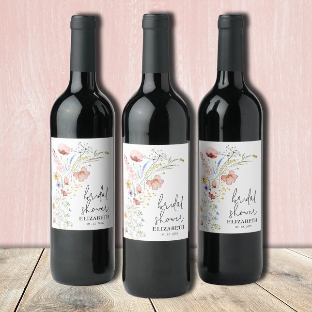 Rótulo De Garrafa De Cerveja Chuva de Noiva de Flores Silvestres (Wildflowers bridal shower personalized wine bottle labels)