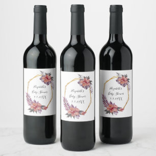 Rótulo De Garrafa De Cerveja Chuva Floral Rosa Vermelho Roxo com Moldura Dourad