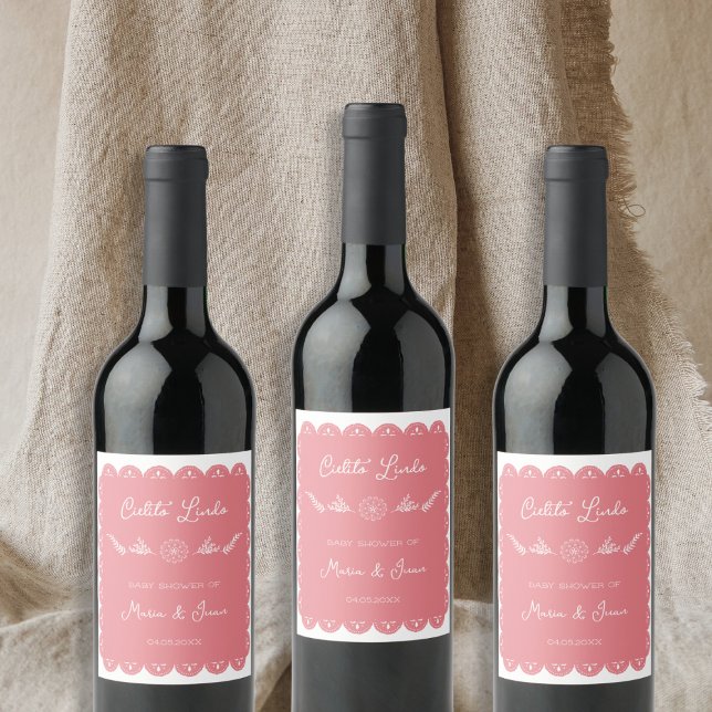 Rótulo De Garrafa De Cerveja Cielito Lindo Papel Picado Chá de fraldas (Cielito Lindo Papel Picado Girl Baby Shower Wine Label)