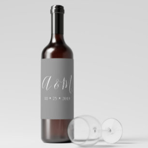 Rótulo De Garrafa De Cerveja cinza elegante monograma de vinho de casamento