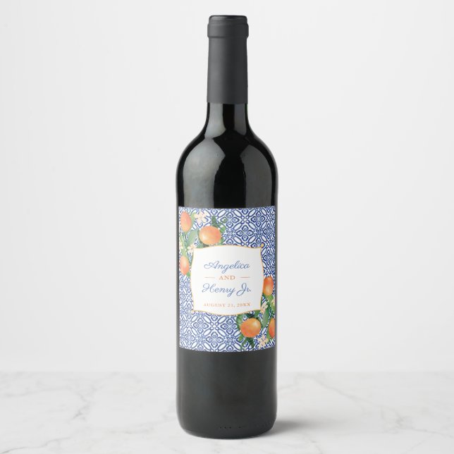 Rótulo De Garrafa De Cerveja Citrus Orange Amalfi Blue Azulejos Janto Casamento (Frente)