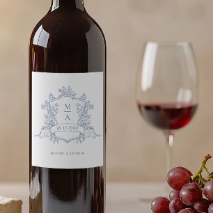 Rótulo De Garrafa De Cerveja Clássico Dusty Blue Floral Crest Monogramas Casame