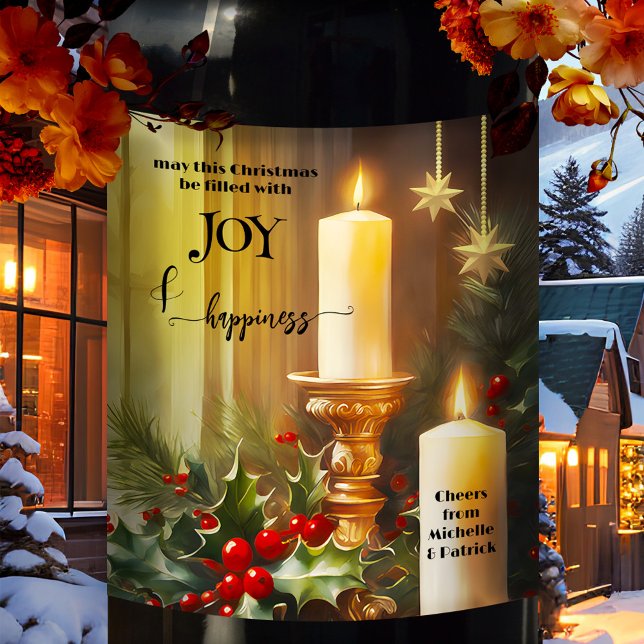 Rótulo De Garrafa De Cerveja Clássico Velas Mistura Natal (Classic Christmas wine label featuring candles, mistletoe and red berries, and gold stylized stars)