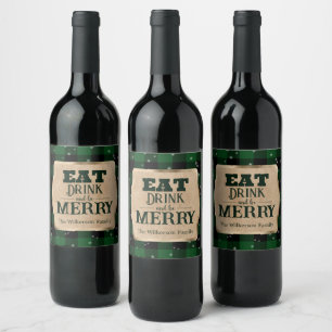 Rótulo De Garrafa De Cerveja Coma, Beba e Alegre-se Plaid Verde de Natal