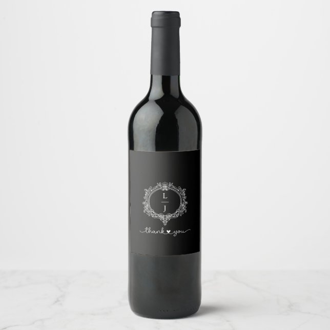 Rótulo De Garrafa De Cerveja convite de casamento com crista de folhagem preto  (Frente)