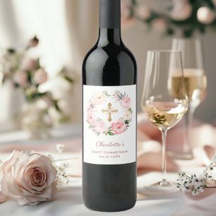 Rótulo De Garrafa De Cerveja Coroa floral rosa cruz Primeira Comunhão