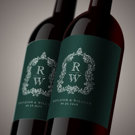 Rótulo De Garrafa De Cerveja Crestas de Monograma Vintage Nomes Casamento Verde