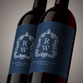 Rótulo De Garrafa De Cerveja Crista de Monograma Vintage Nomes Casamento Azul M