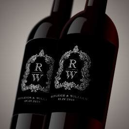 Rótulo De Garrafa De Cerveja Crista de Monograma Vintage Nomes Casamento Preto