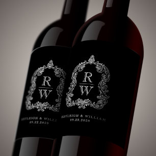 Rótulo De Garrafa De Cerveja Crista de Monograma Vintage Nomes Casamento Preto