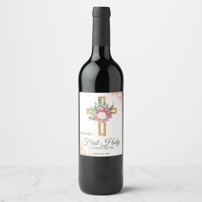 Rótulo De Garrafa De Cerveja Cruz Floral Dourada Rosas (Frente)
