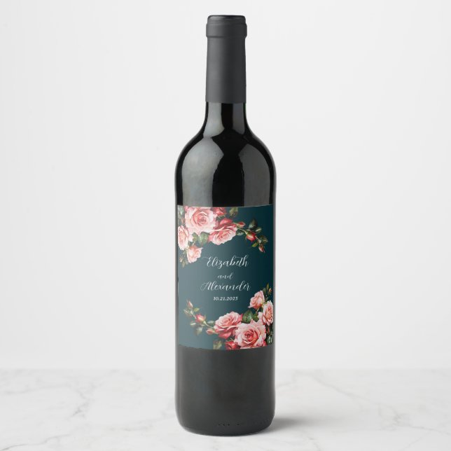 Rótulo De Garrafa De Cerveja Dark moody pink and red roses teal  wedding  (Frente)