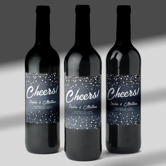 Rótulo De Garrafa De Cerveja Denim Diamantes Pérolas Chá de casamento Azul (denim pearls couple wedding shower personalized wine label blue jeans white coed his hers jack jill )