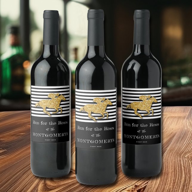 Rótulo De Garrafa De Cerveja Derby Dourado Racecavalo e Jockey em Strips (Derby gold faux glitter racehorse and jockey on black and white stripes wine bottle labels)