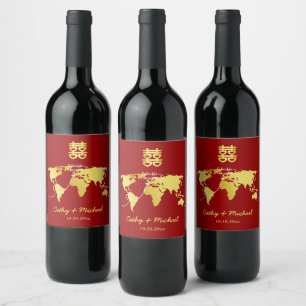 Rótulo De Garrafa De Cerveja destino do mapa vermelho e dourado casamento chinê