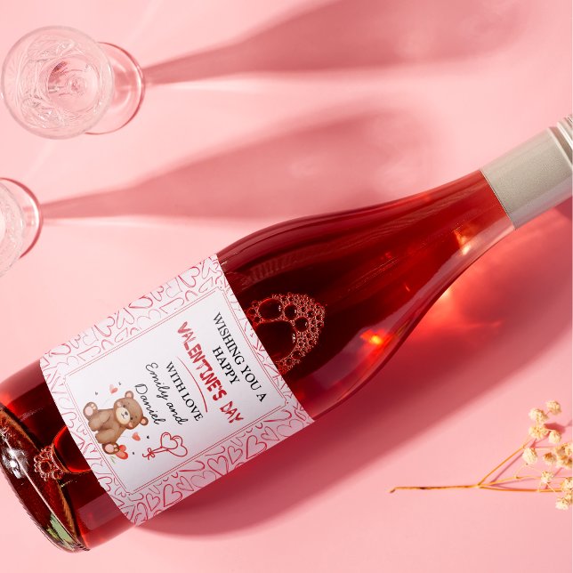 Rótulo De Garrafa De Cerveja Dia de os namorados de Urso de Aquarela (Watercolor Bear Valentine's Day Wine Label)