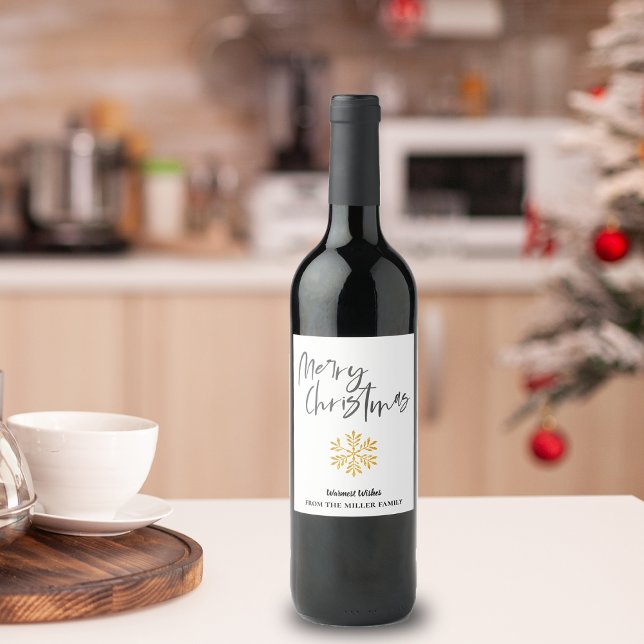 Rótulo De Garrafa De Cerveja Dourada neve mínima e elegante Flasto Feliz Natal (Minimalist Elegant Gold Snow Flake Merry Christmas Wine Label)