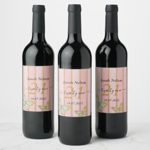 Rótulo De Garrafa De Cerveja Douradas e borboletas rosa