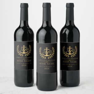Rótulo De Garrafa De Cerveja Dourado Elegante Laurel Wreath e Anchor Black
