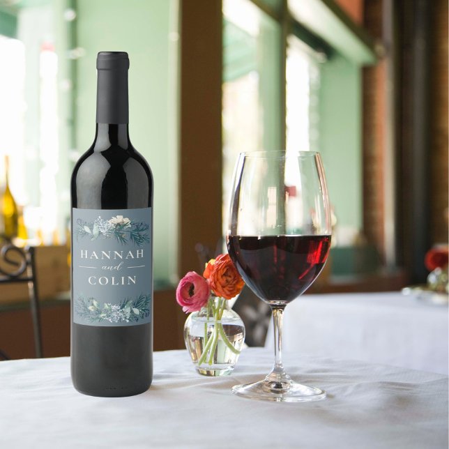 Rótulo De Garrafa De Cerveja Dusty Blue Cinza Floral de inverno (Criador carregado)