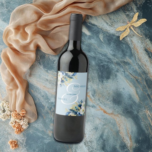 Rótulo De Garrafa De Cerveja Dusty Blue Dourado Casamento Floral (Criador carregado)