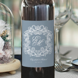 Rótulo De Garrafa De Cerveja Dusty Blue Elegant Monogram Crest Vintage Wedding