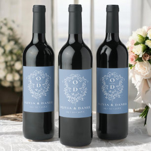 Rótulo De Garrafa De Cerveja Dusty Blue Monograma Floral de Casamento
