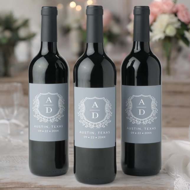 Rótulo De Garrafa De Cerveja Dusty Blue Monograma Floral de Casamento (Criador carregado)