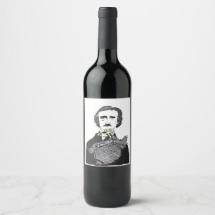 Rótulo De Garrafa De Cerveja Edgar Allan Poe com um corvo em seu Chin