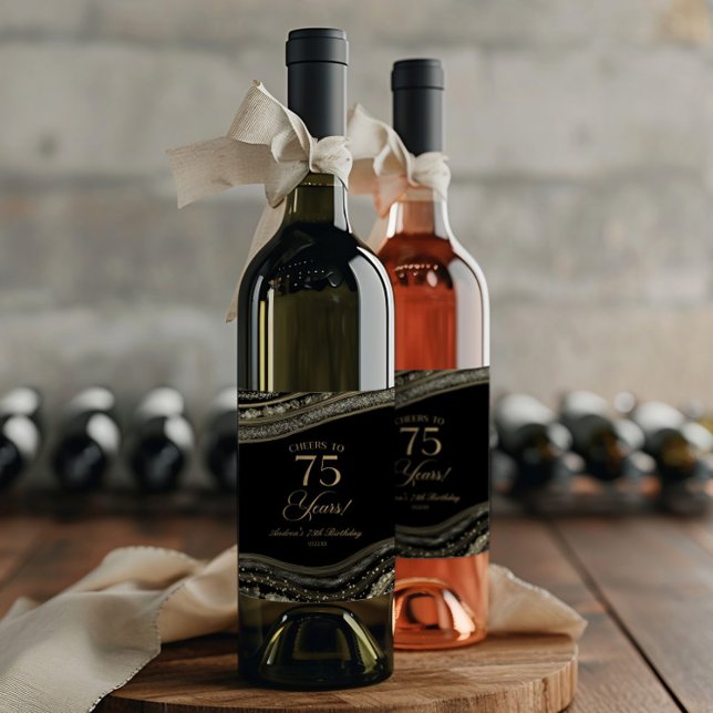 Rótulo De Garrafa De Cerveja Elegant Black Gold Agate 75th Birthday Party (Criador carregado)