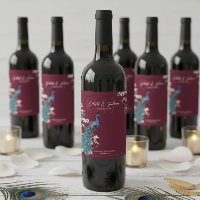 Rótulo De Garrafa De Cerveja Elegant Burgundy Floral Peacock Wedding (Elegant Deep Burgundy Floral Peacock Bridal Shower Wine Labels. Blue Bird & Teal Feathers, Monogram )