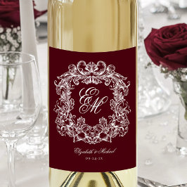 Rótulo De Garrafa De Cerveja Elegant Burgundy Monogram Crest Vintage Wedding