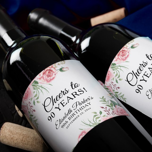 Rótulo De Garrafa De Cerveja Elegant floral 90th birthday party  (Criador carregado)